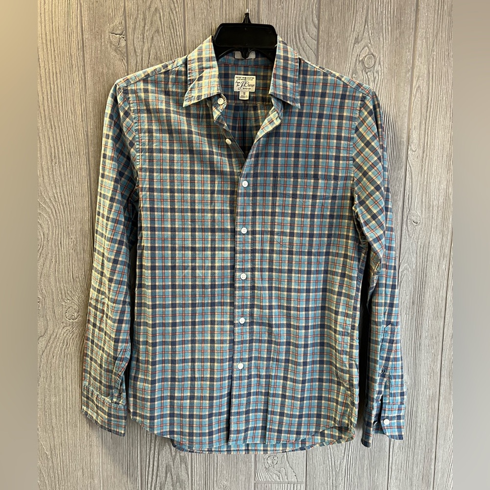 J.Crew Organic Cotton Plaid Button Down Shirt Men's Small Slim Fit Blue Orange
